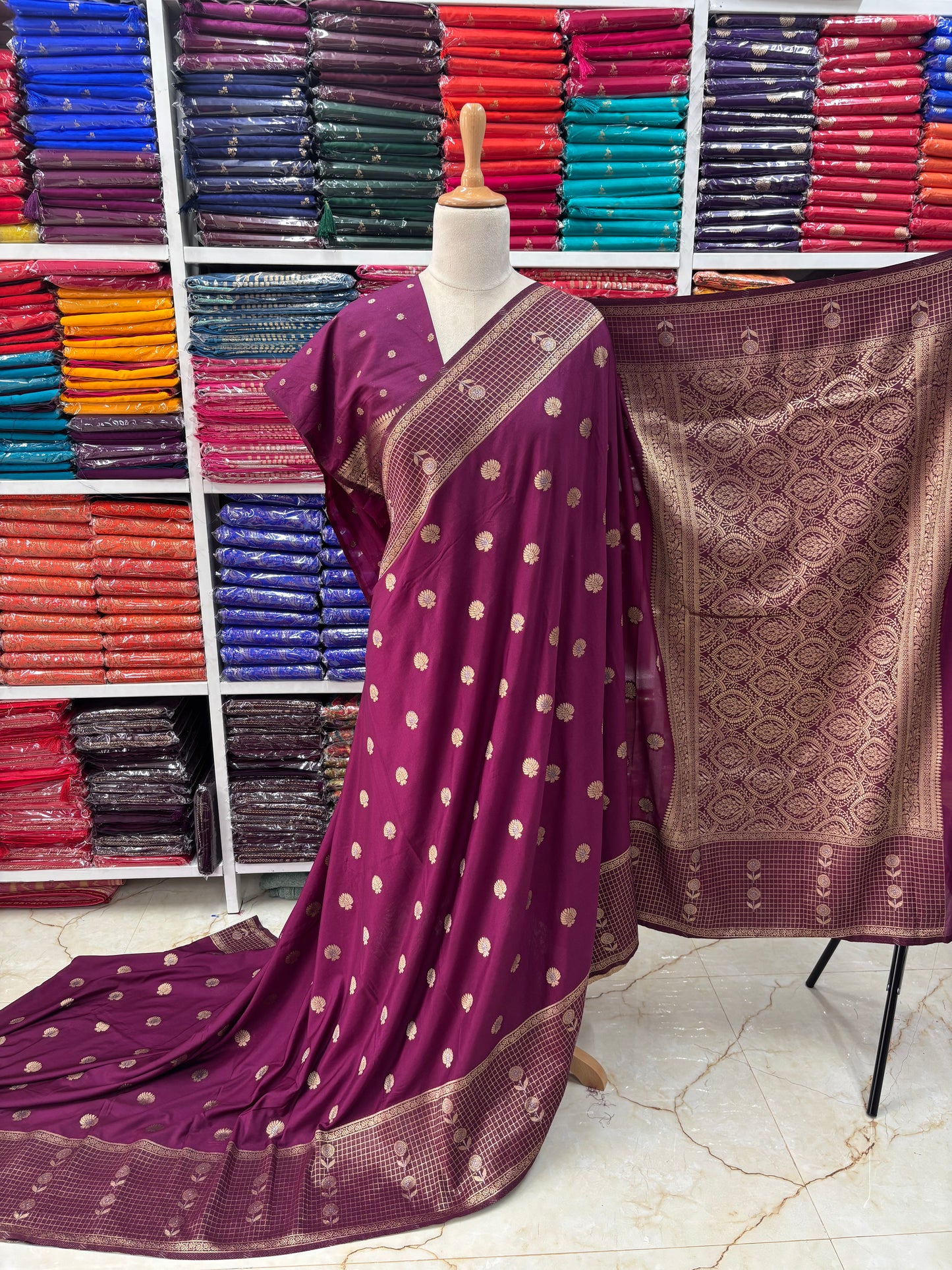 Banarasi Crepe (Floral Motifs and Checks Border)