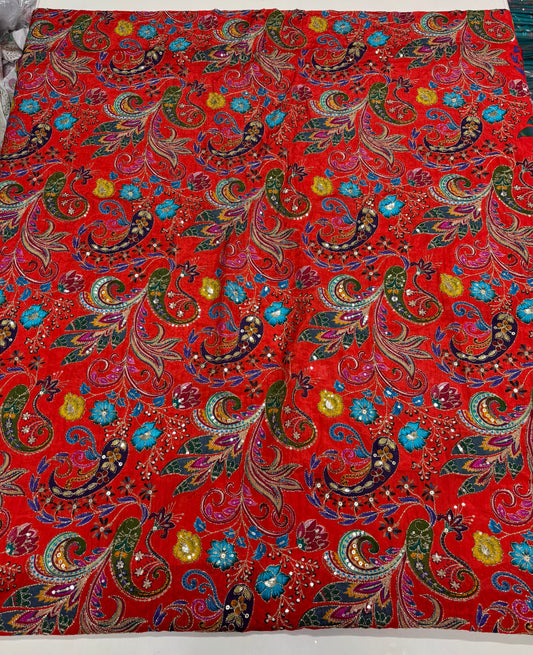Kalamkari Blouse Fabric (HSSB11, Multicolour Floral Print with Heavy Positioning Work)