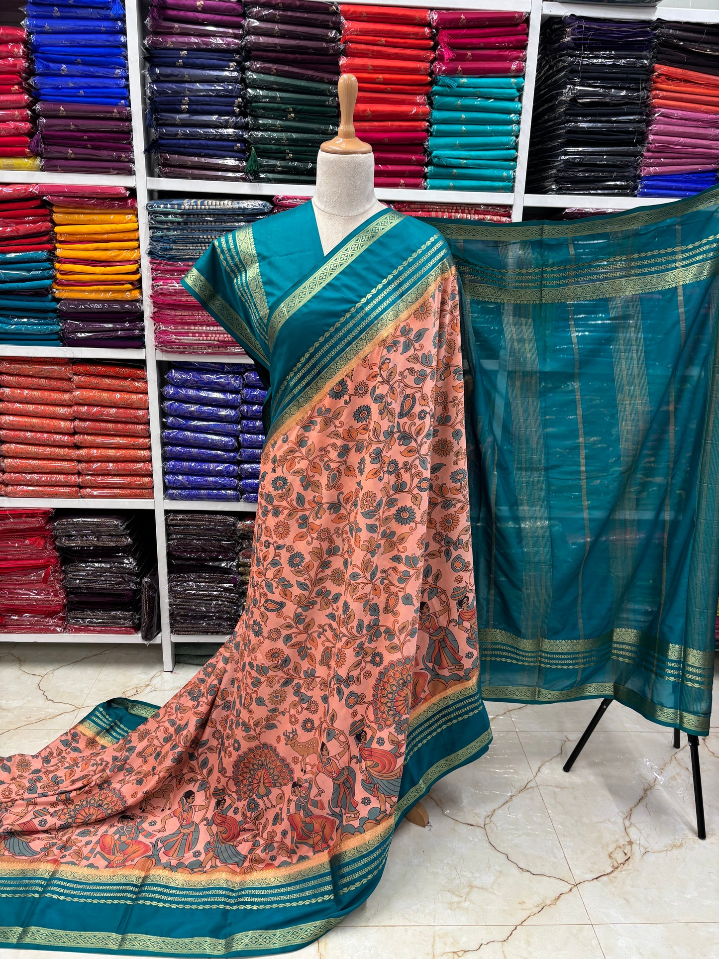 Semi Mysore Crepe (Floral and Peacock Kalamkari Print)