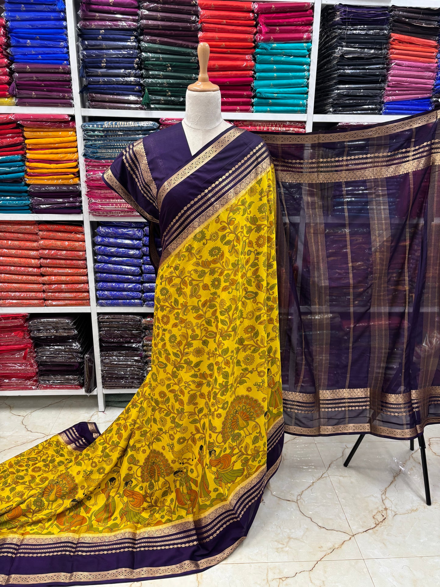 Semi Mysore Crepe (Floral and Peacock Kalamkari Print)