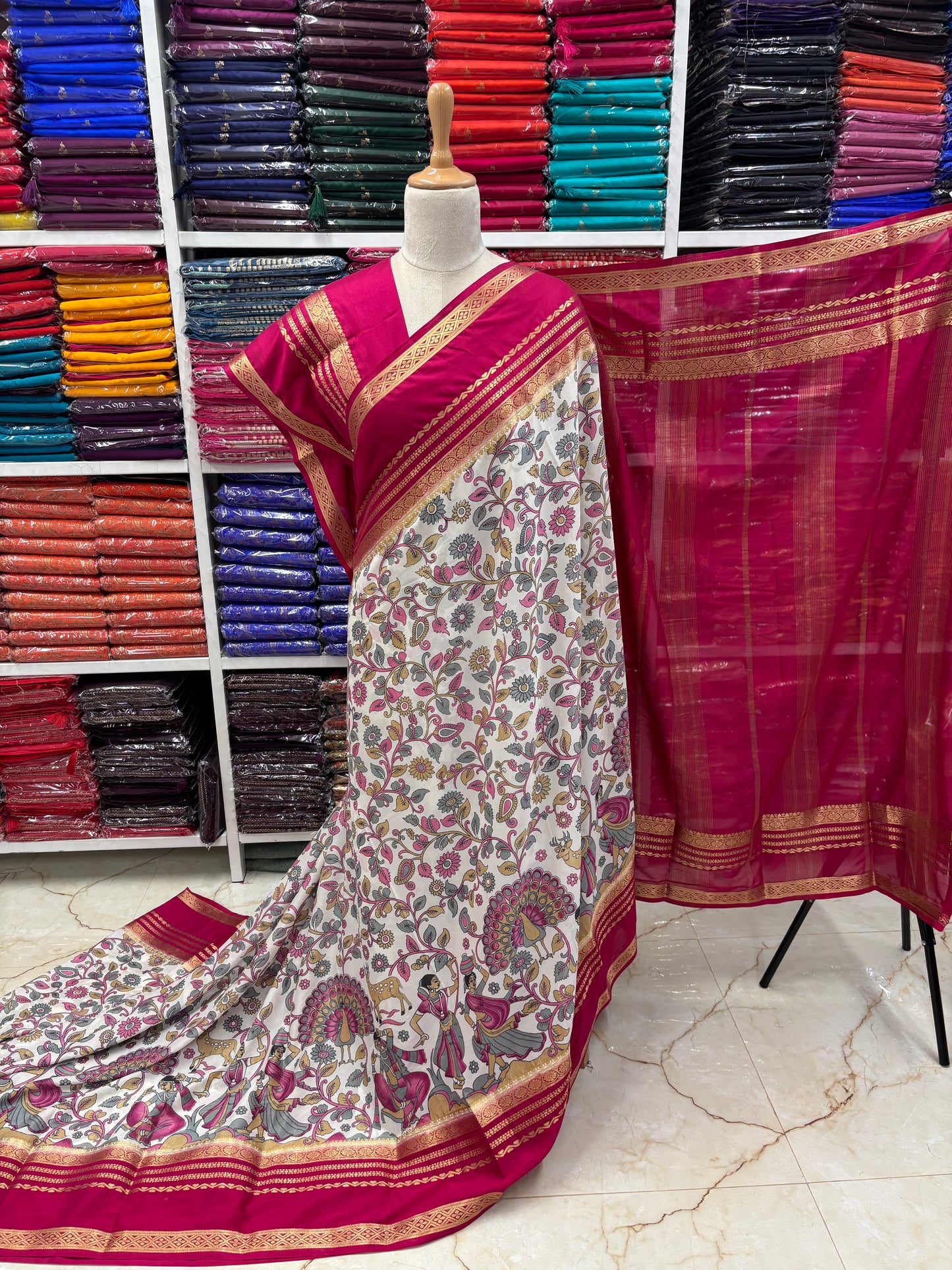 Semi Mysore Crepe (Floral and Peacock Kalamkari Print)