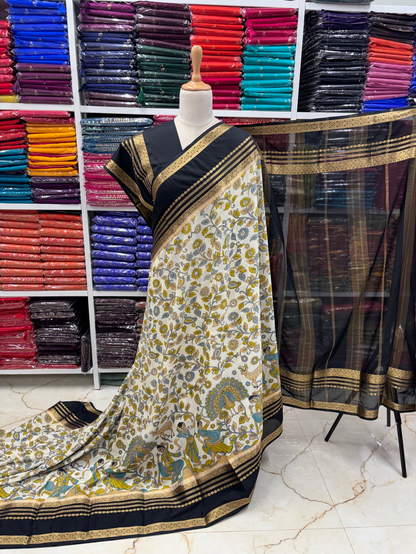 Semi Mysore Crepe (Floral and Peacock Kalamkari Print)