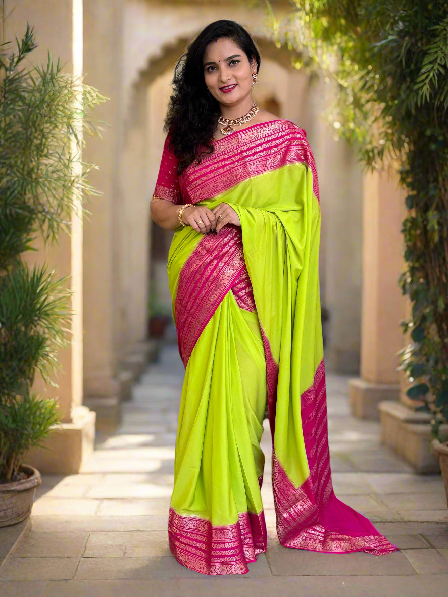 Semi Mysore Crepe (Premium, Contrast Big Bentex Mango Floral Border)