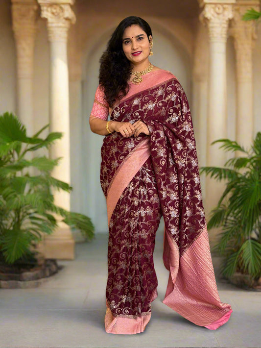 Crushed Crepe Georgette (Premium, Gold, Silver Jari Jal pattern)