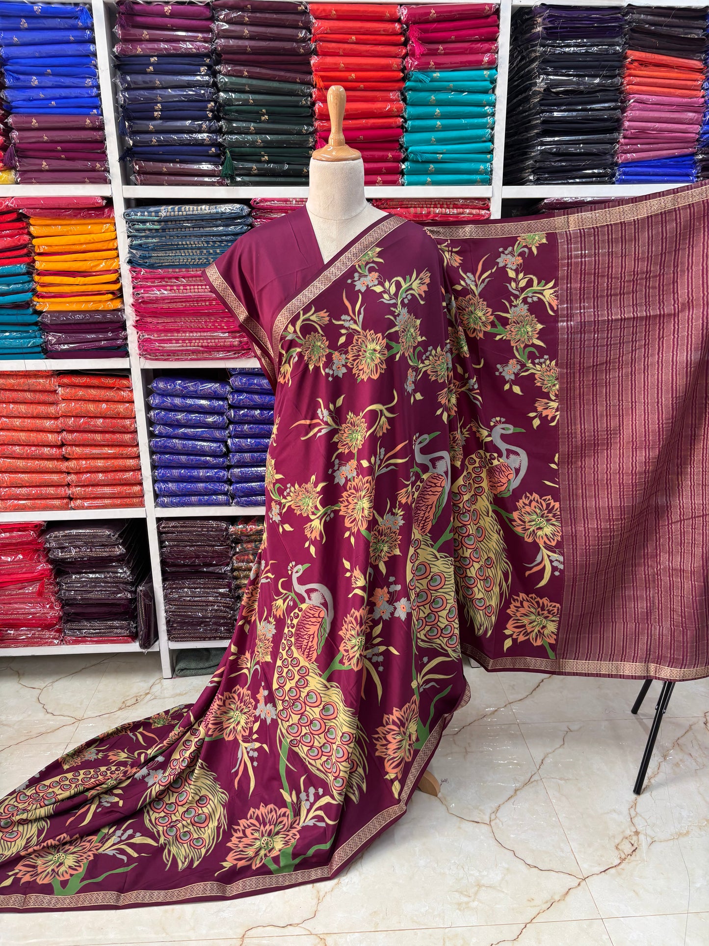 Semi Mysore Crepe (Small Border Kalamkari Print)