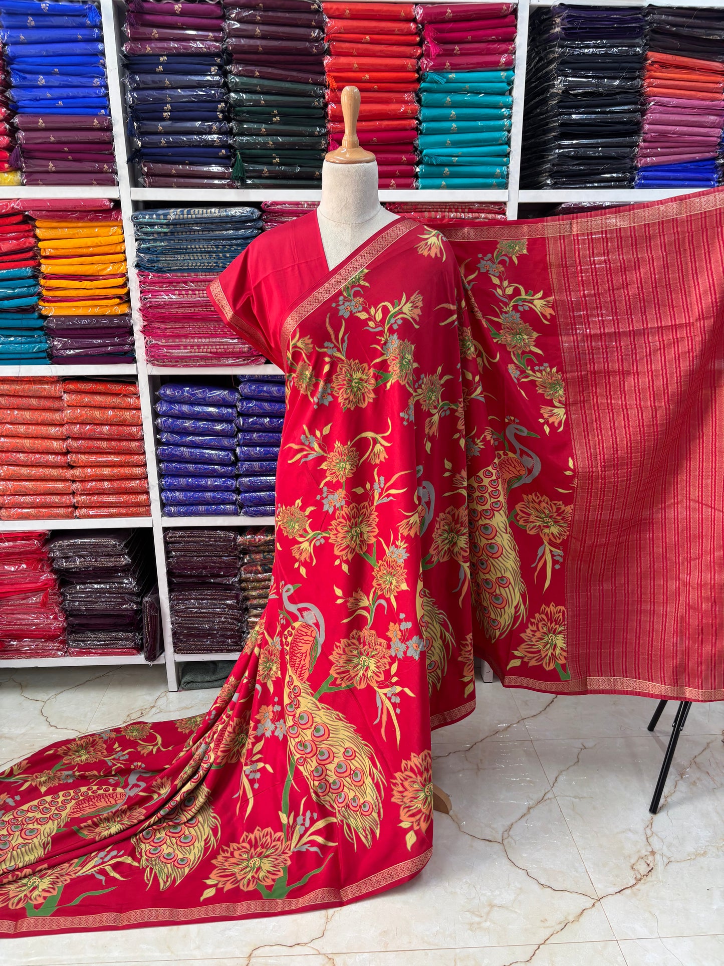 Semi Mysore Crepe (Small Border Kalamkari Print)