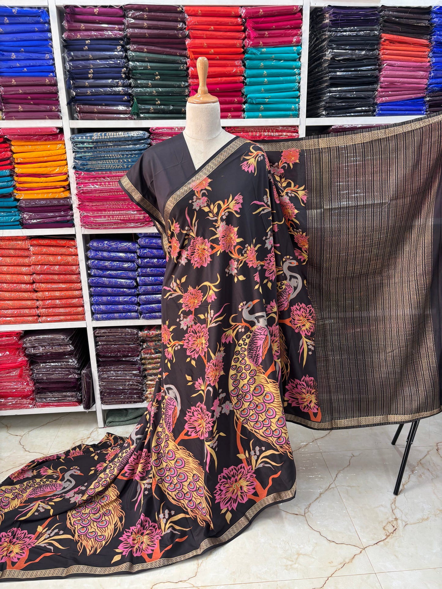 Semi Mysore Crepe (Small Border Kalamkari Print)