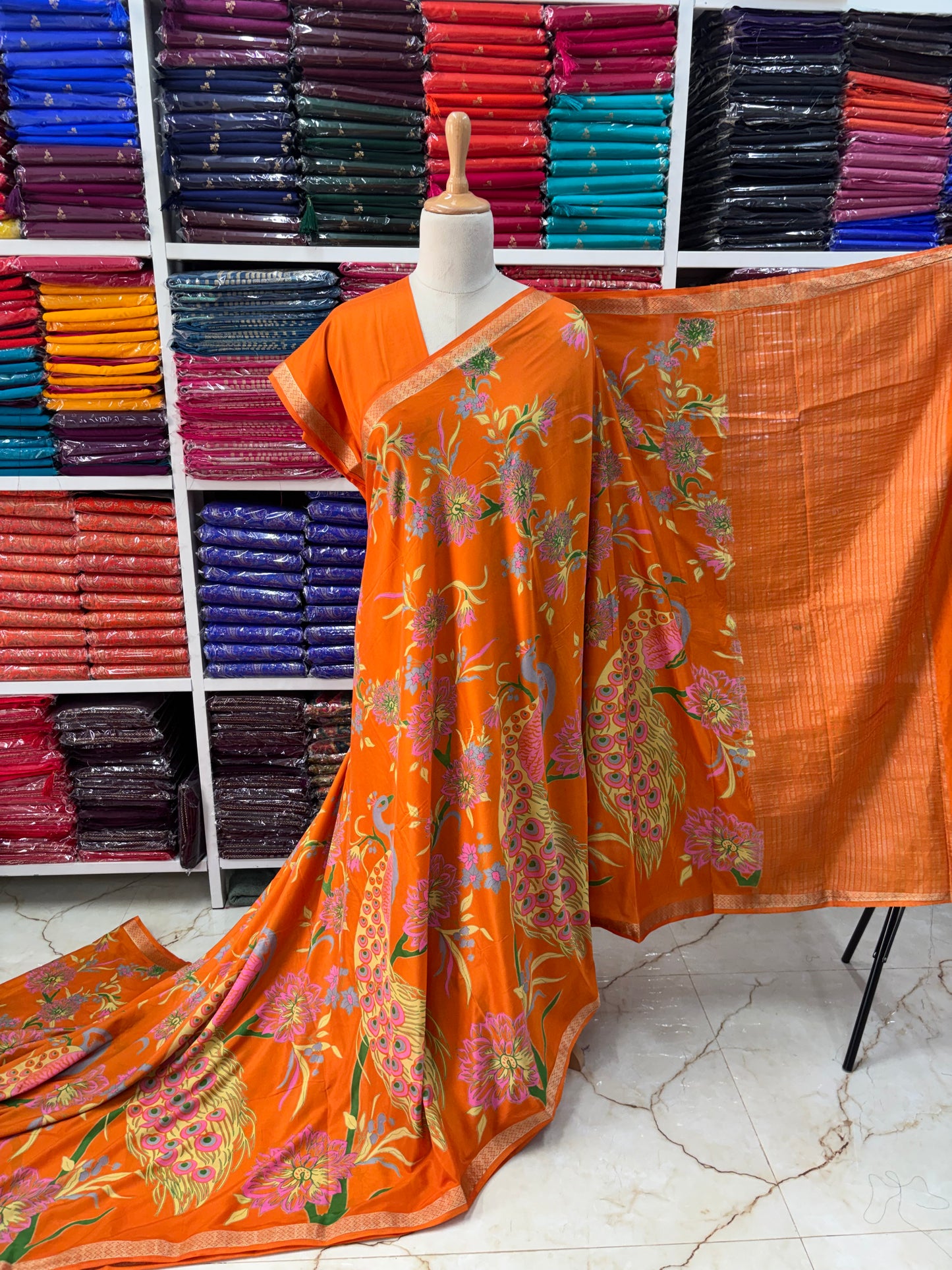 Semi Mysore Crepe (Small Border Kalamkari Print)