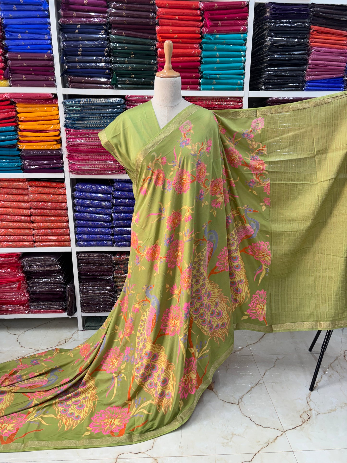 Semi Mysore Crepe (Small Border Kalamkari Print)