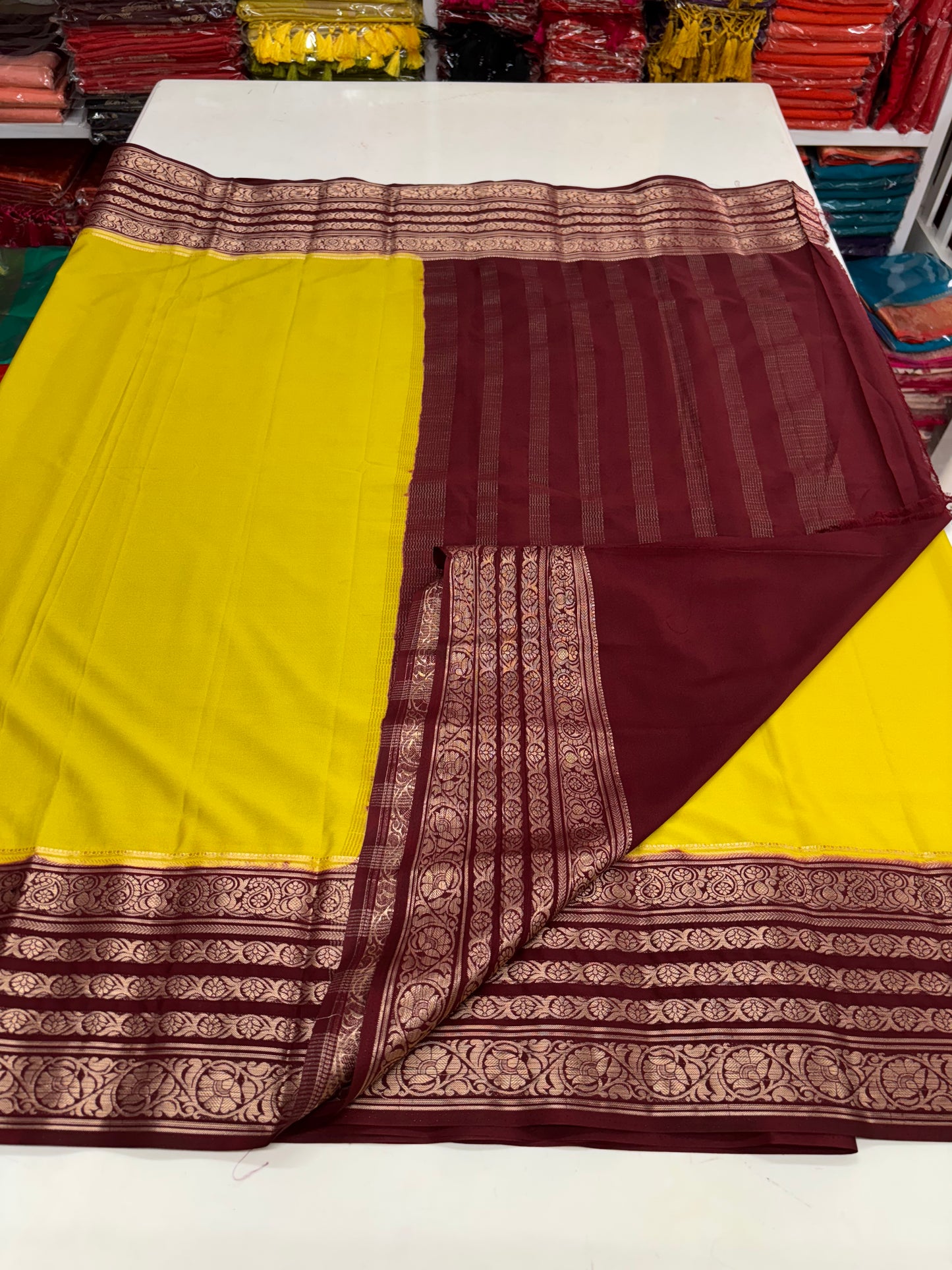 Semi Mysore Crepe (Premium, Contrast Big Bentex Mango Floral Border)