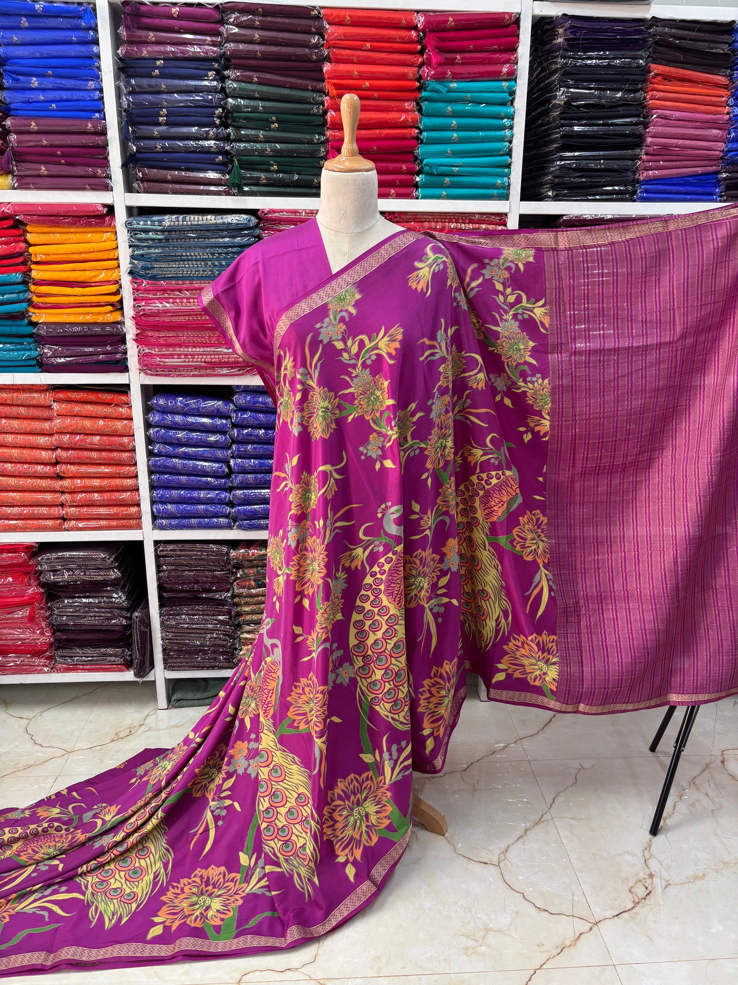 Semi Mysore Crepe (Small Border Kalamkari Print)