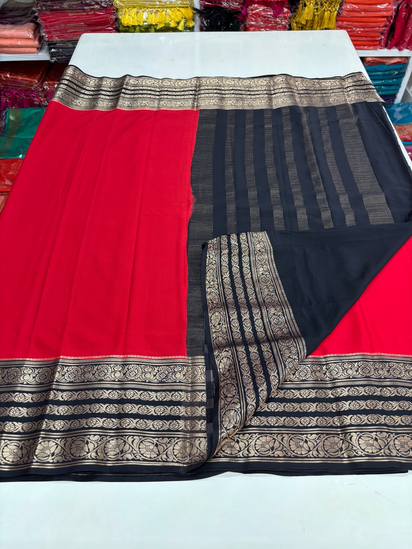 Semi Mysore Crepe (Premium, Contrast Big Bentex Mango Floral Border)