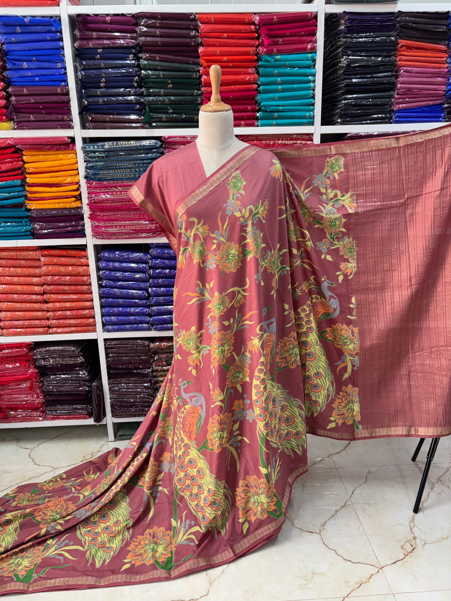 Semi Mysore Crepe (Small Border Kalamkari Print)