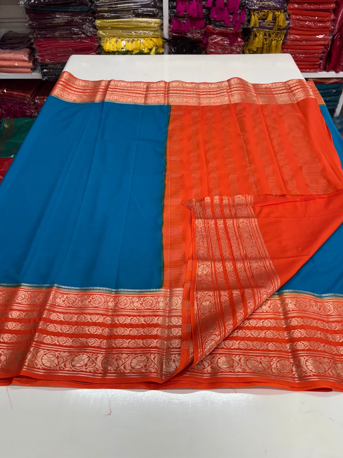 Semi Mysore Crepe (Premium, Contrast Big Bentex Mango Floral Border)