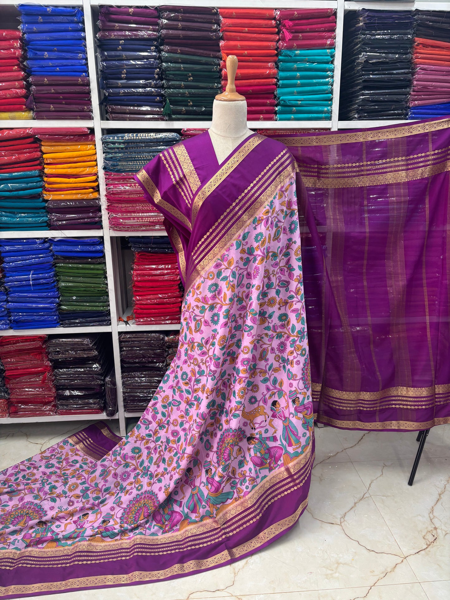 Semi Mysore Crepe (Floral and Peacock Kalamkari Print)