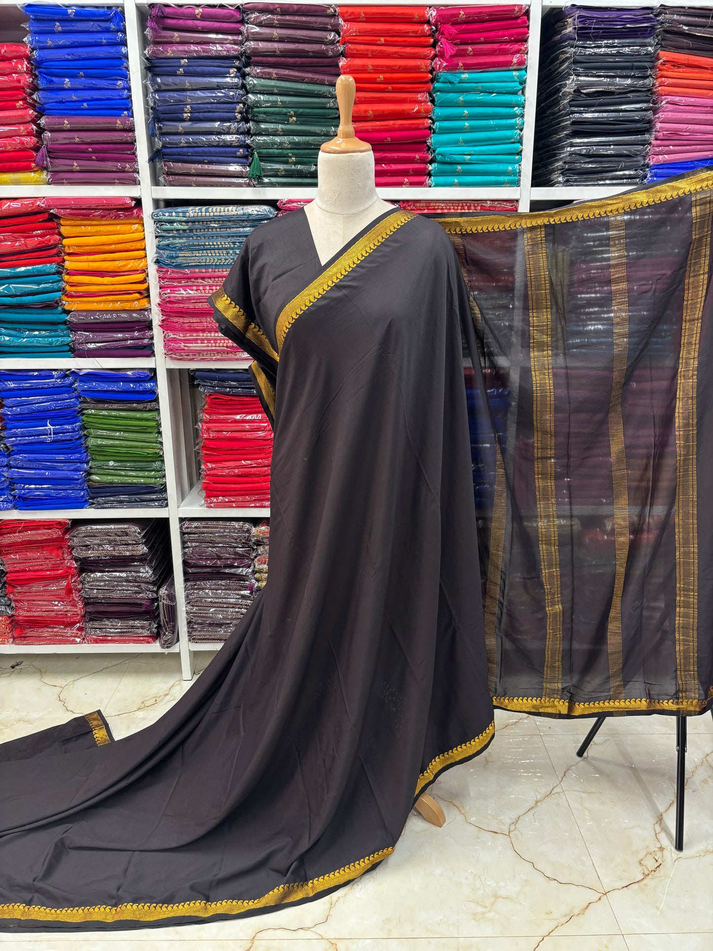 Semi Mysore Crepe (Self, 1.5 inches Golden Mango and Waves Border)