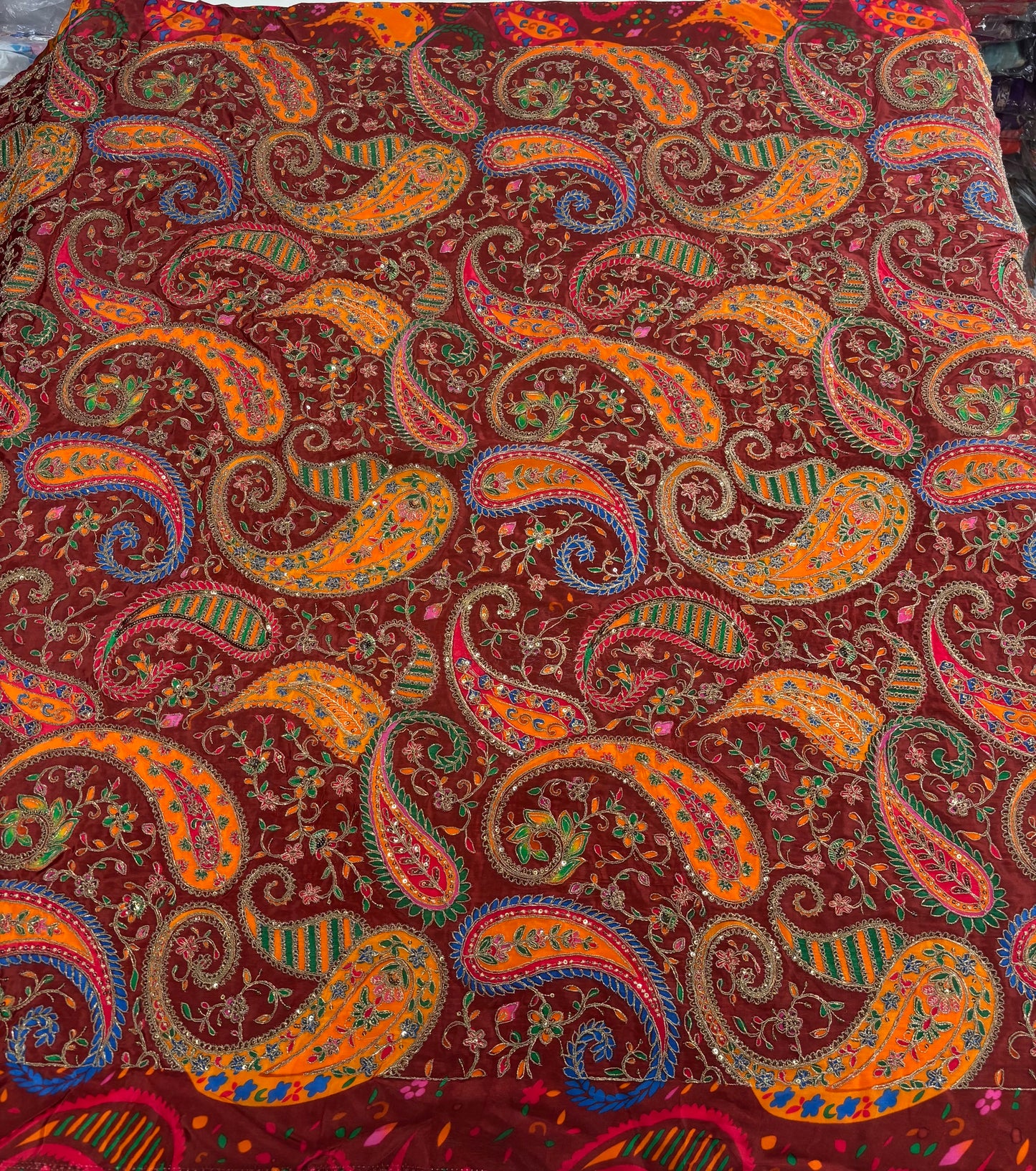 Kalamkari Blouse Fabric (HSSB13, Rich Mango Print with Heavy Positioning Work)