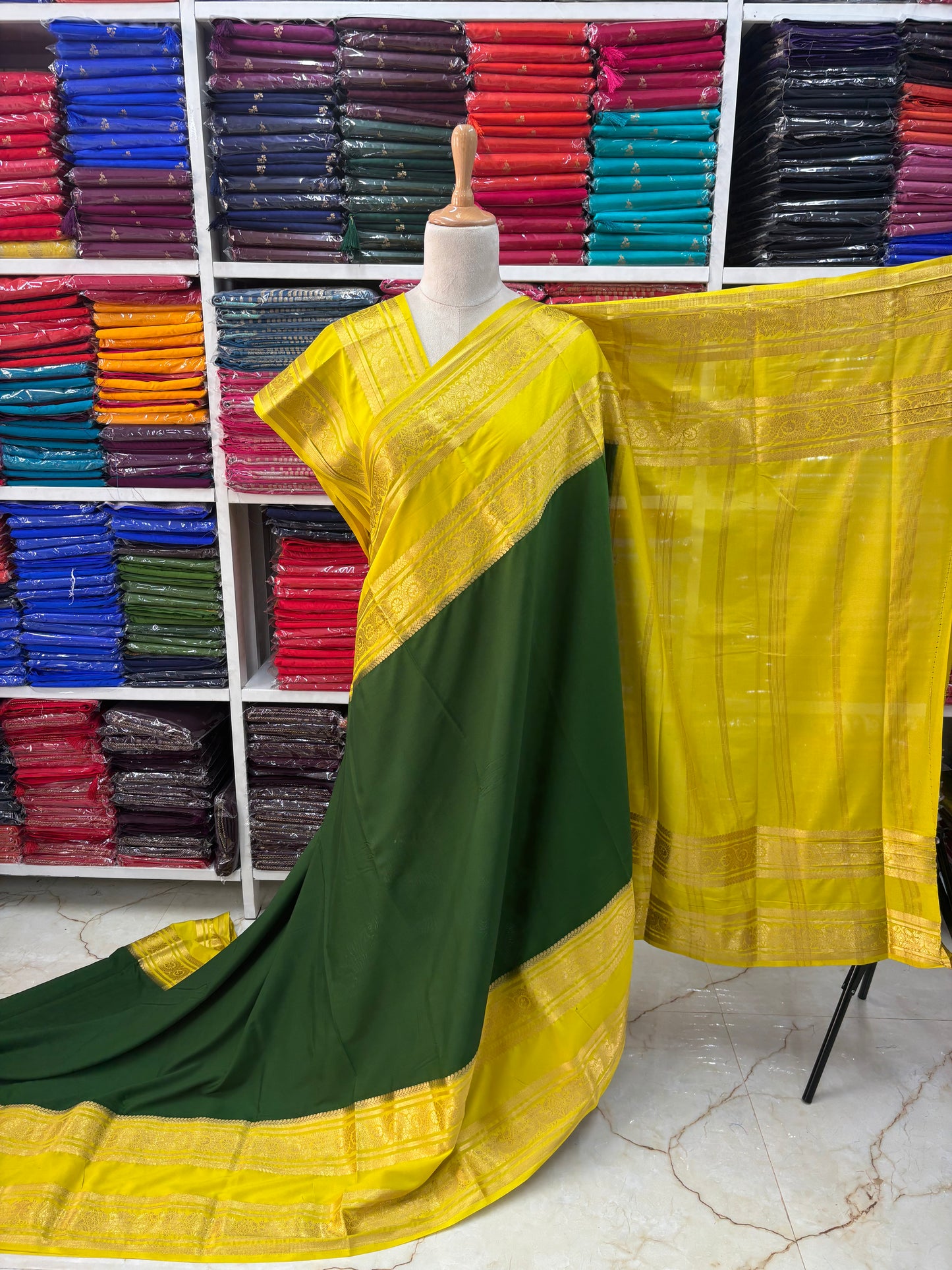 Semi Mysore Crepe (Peacock and Floral Big Bentex Border)