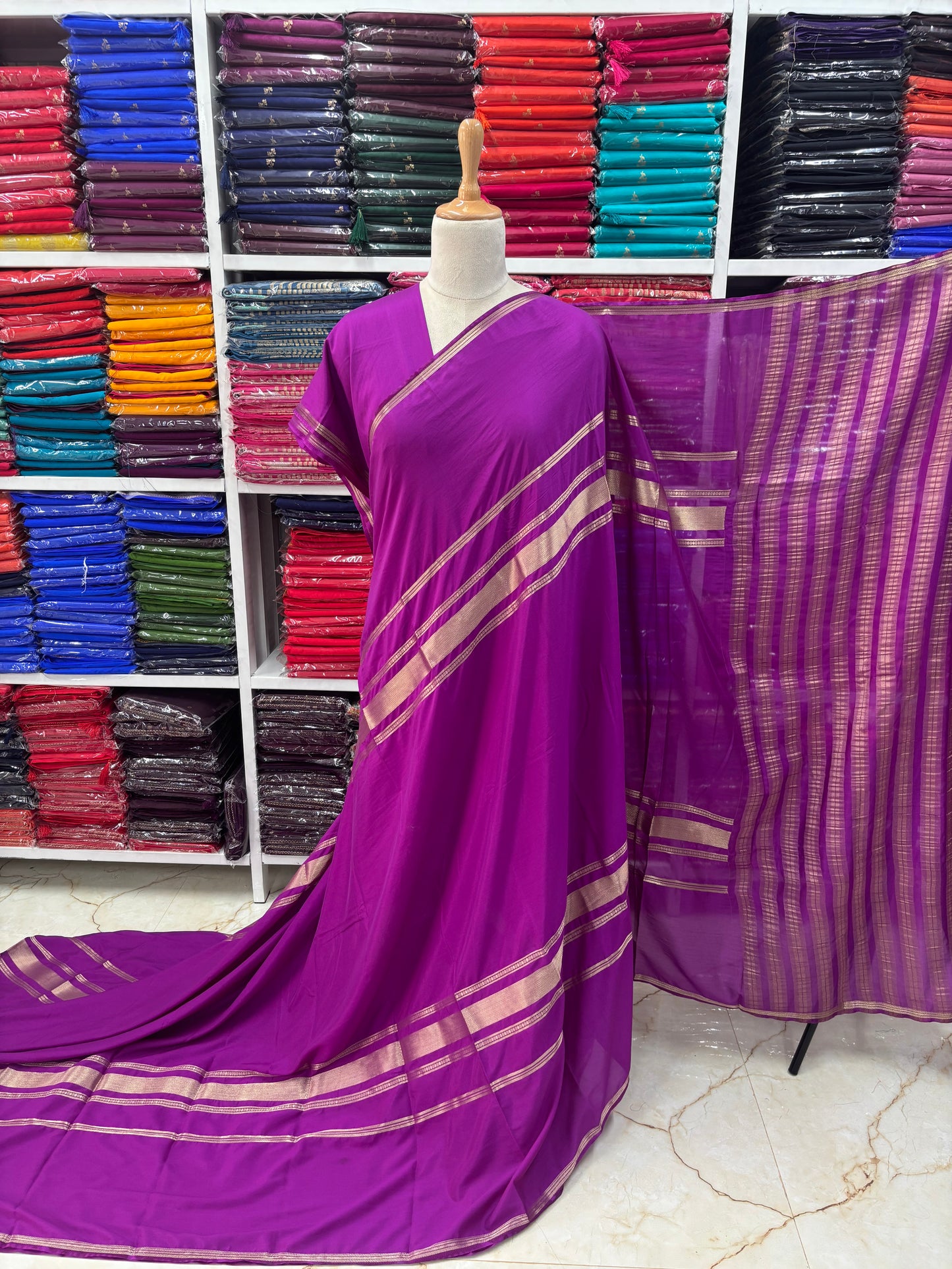 Semi Mysore Crepe (Self, Big 4 Lines border)