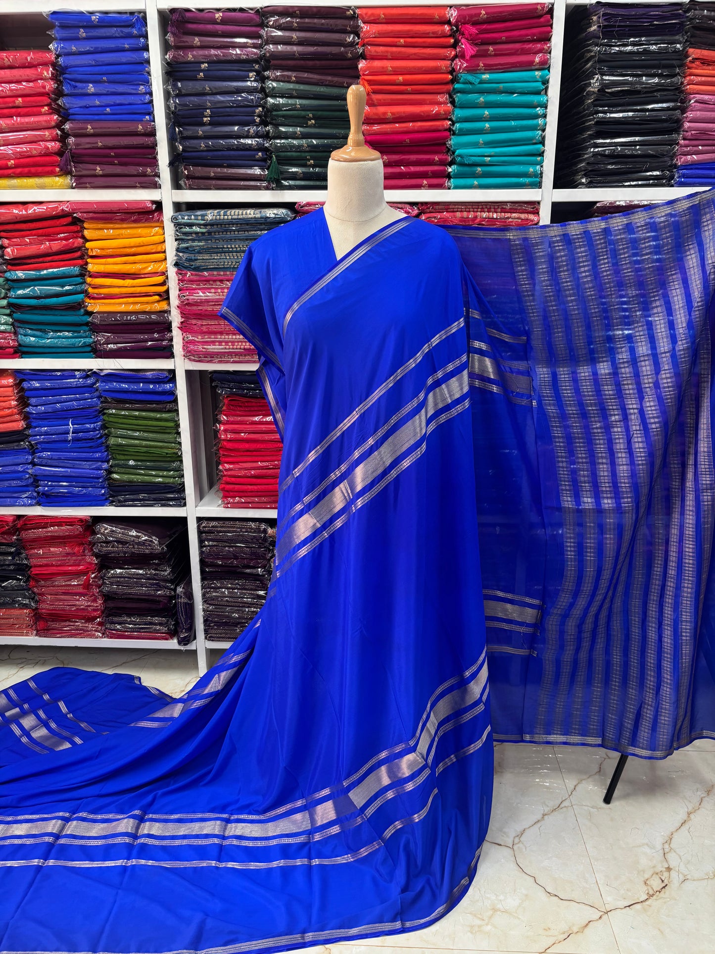 Semi Mysore Crepe (Self, Big 4 Lines border)