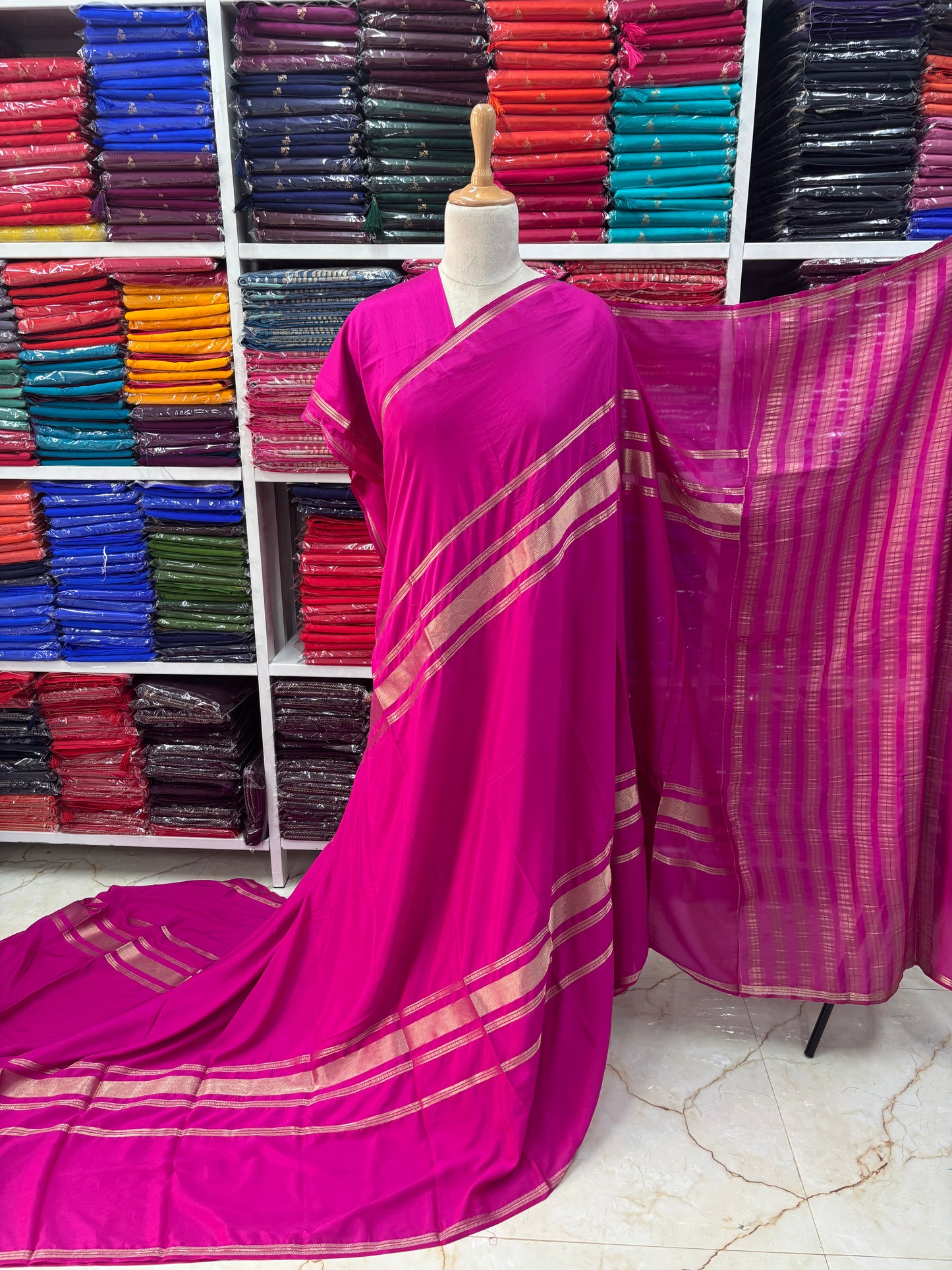 Semi Mysore Crepe (Self, Big 4 Lines border)