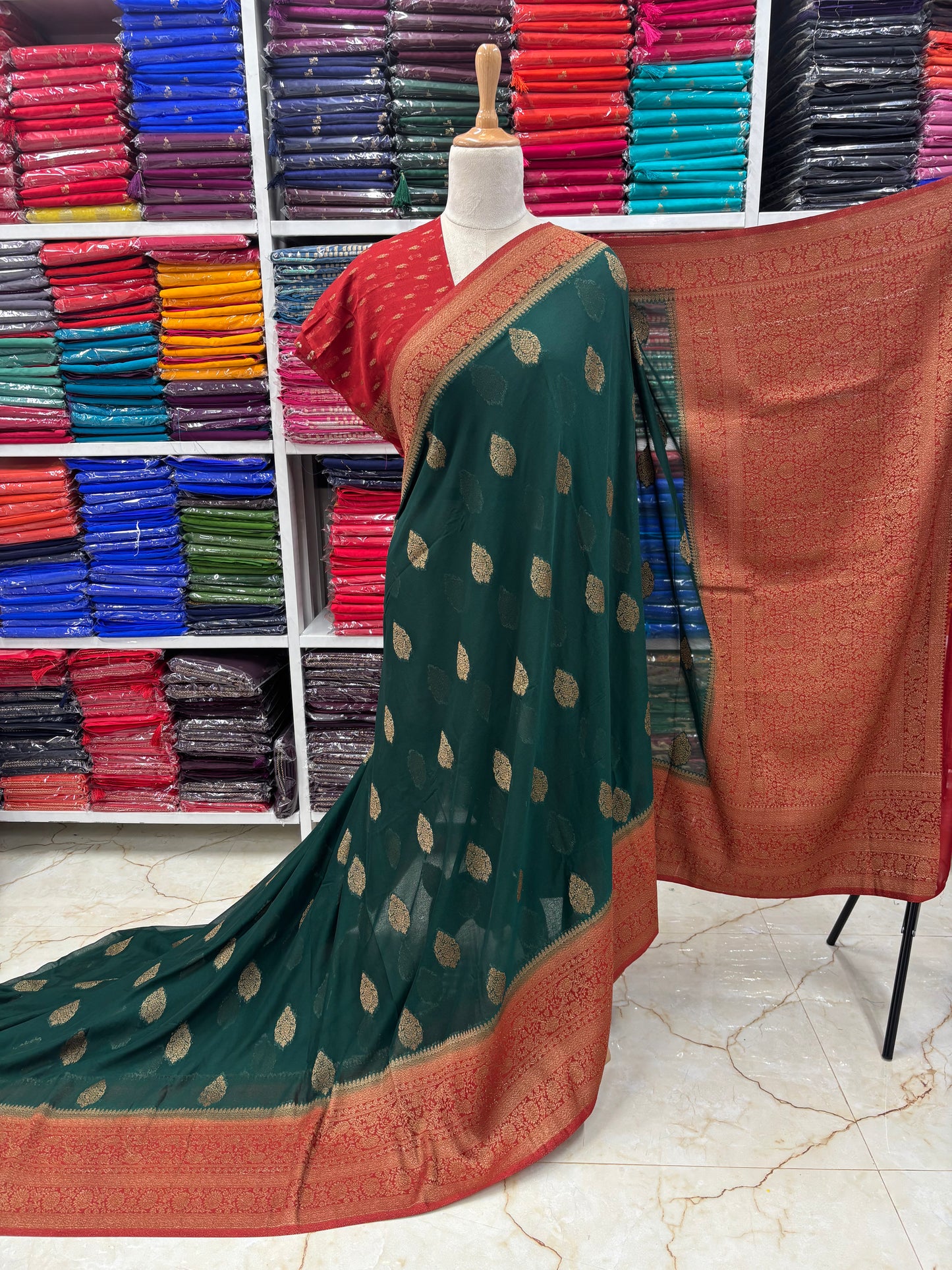 Banarasi Khaddi Georgette (Neem Zari Motifs and Rich Pallu)