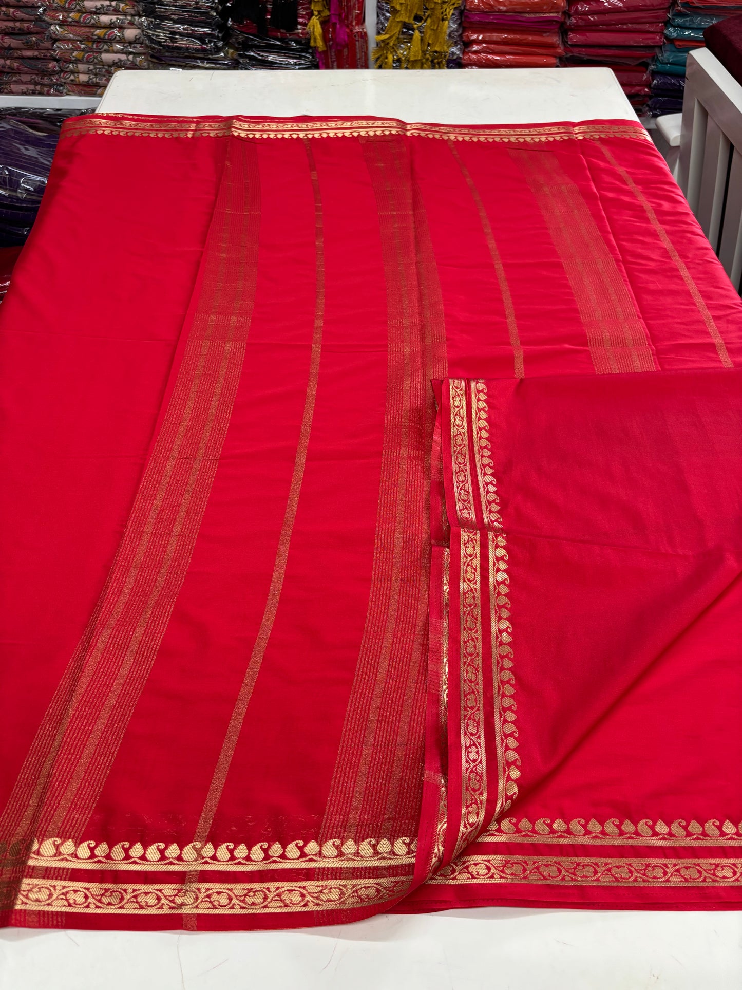 Semi Mysore Crepe (Self, Small Bentex Mango Border)