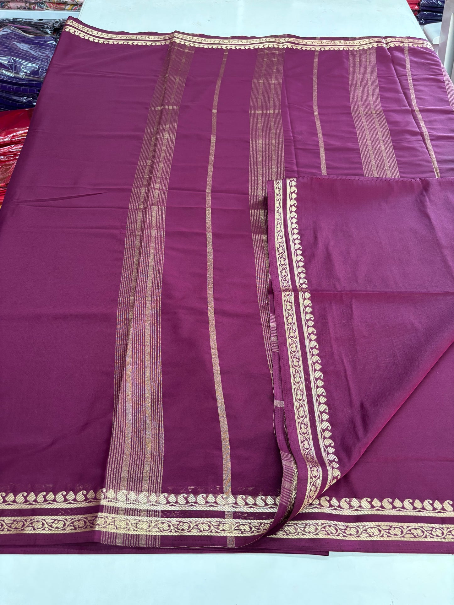 Semi Mysore Crepe (Self, Small Bentex Mango Border)