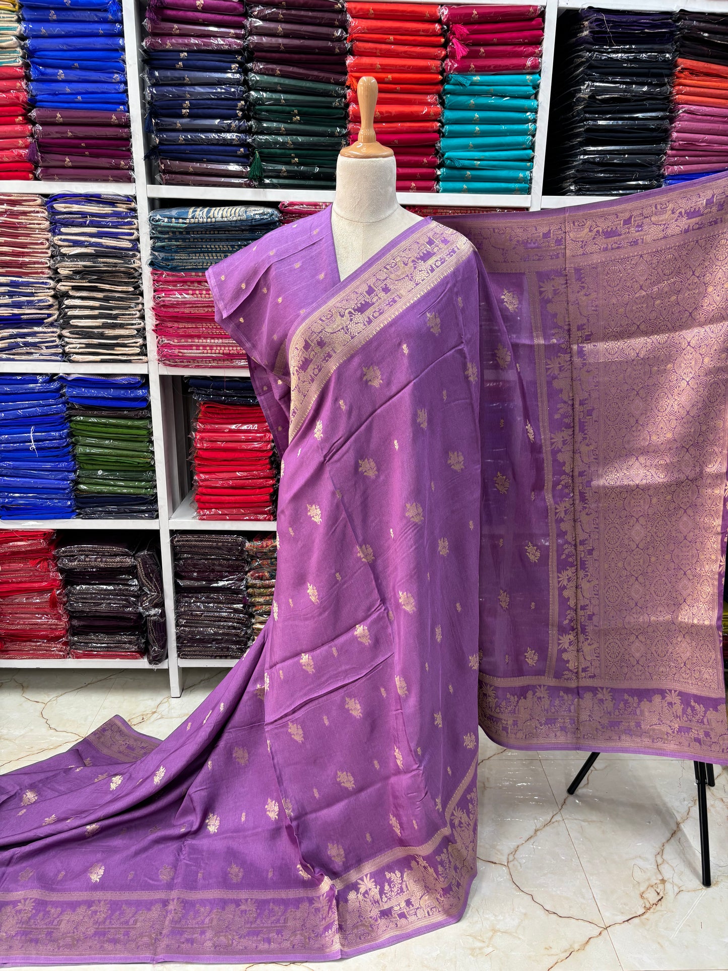 Banarasi Viscose Saree (Floral Motifs, Elephant Border)