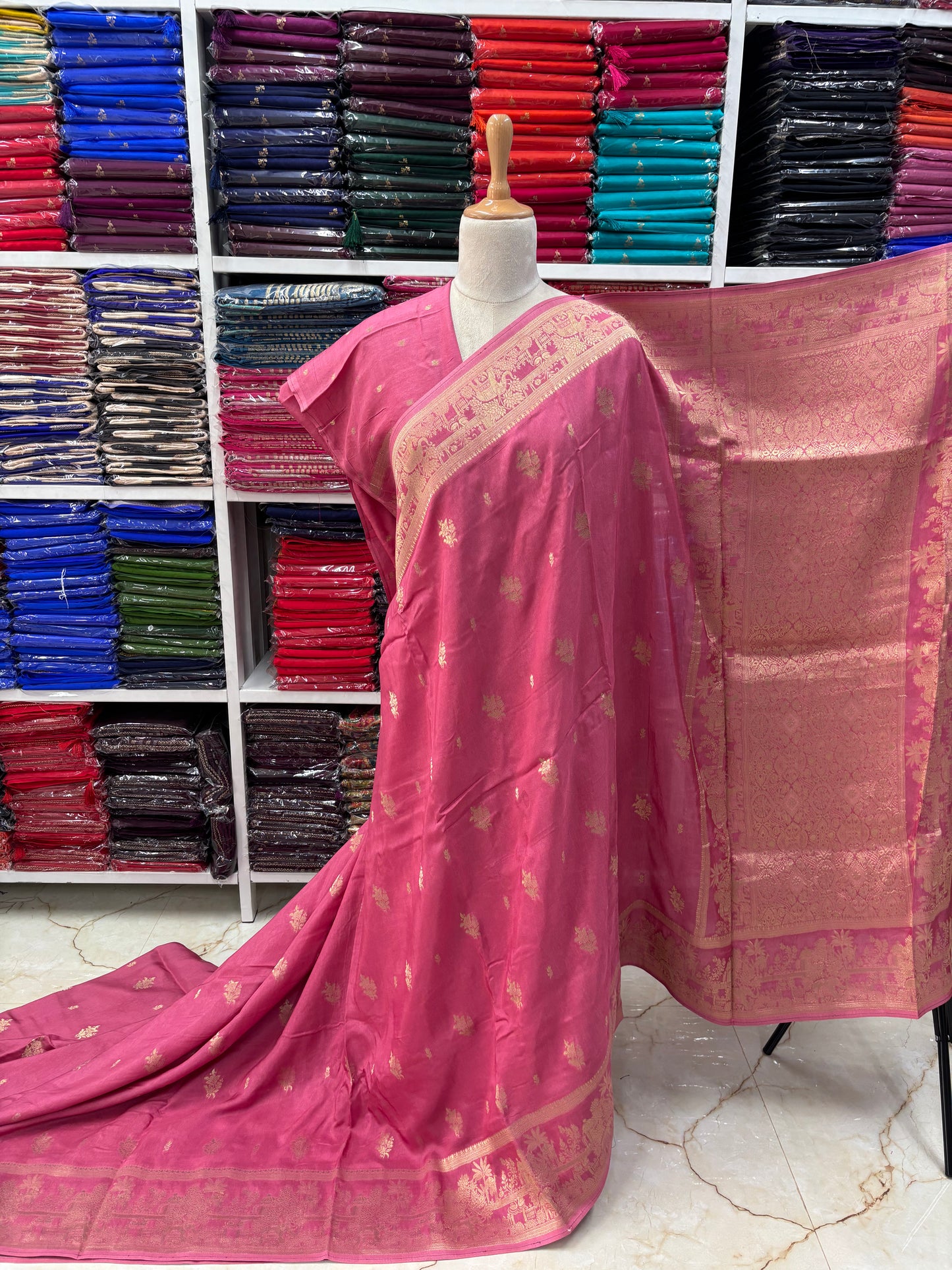Banarasi Viscose Saree (Floral Motifs, Elephant Border)