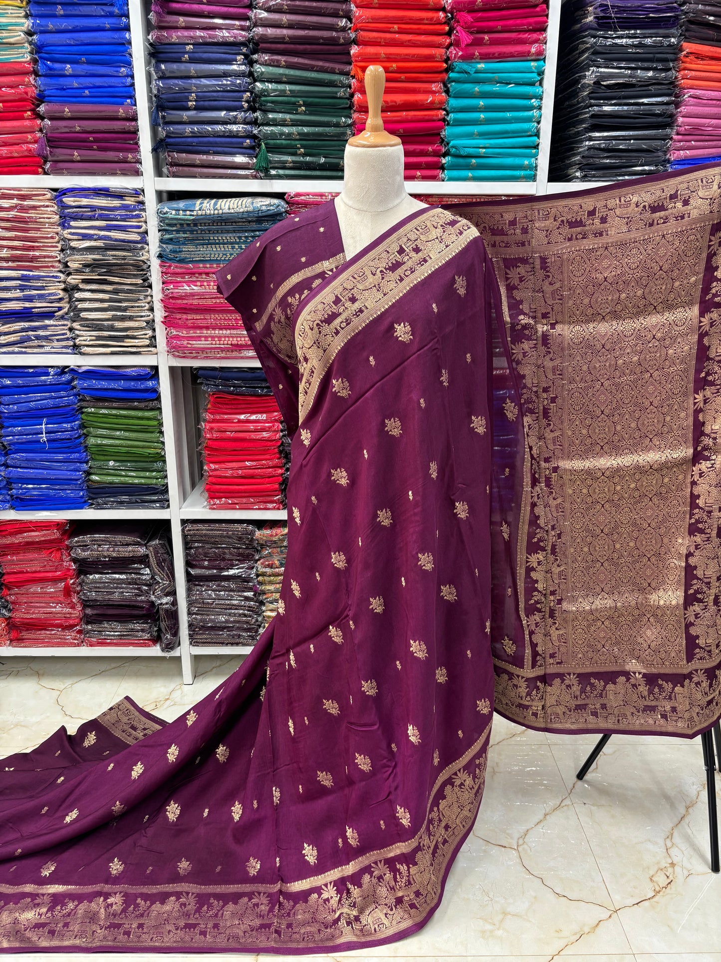 Banarasi Viscose Saree (Floral Motifs, Elephant Border)
