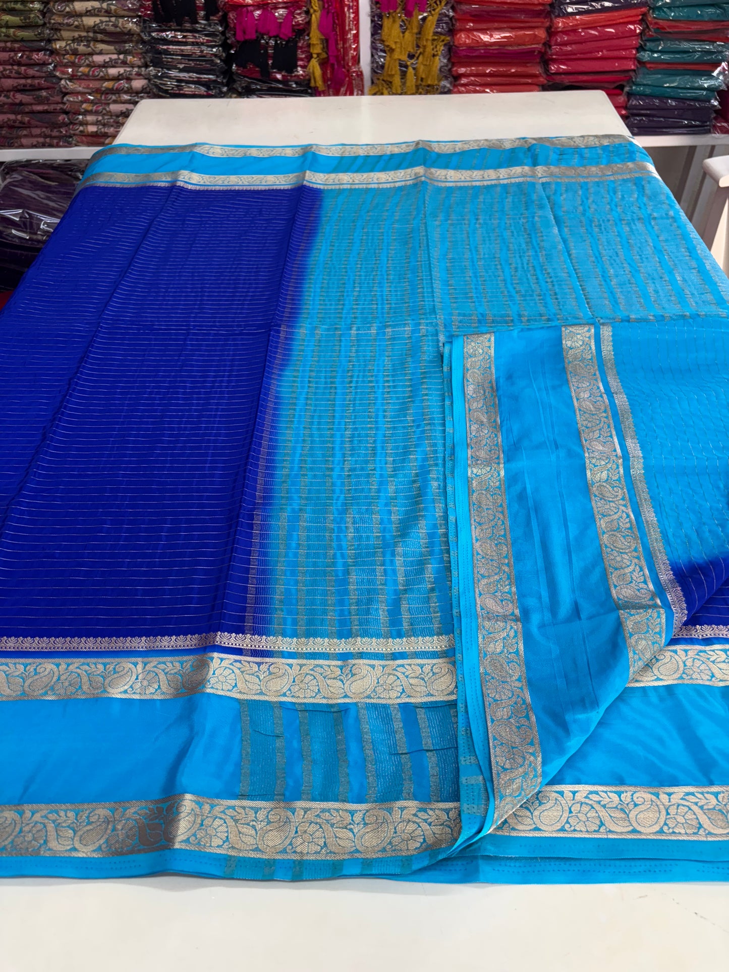 Semi Mysore Crepe (Premium, Horizontal Lines with Mango Bentex Border)
