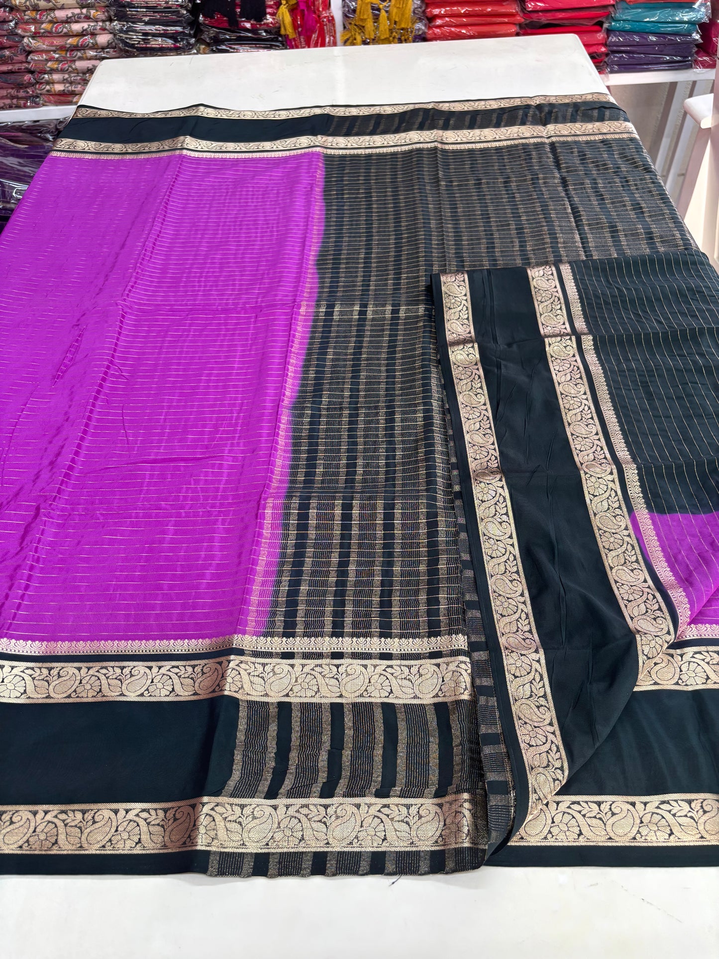 Semi Mysore Crepe (Premium, Horizontal Lines with Mango Bentex Border)