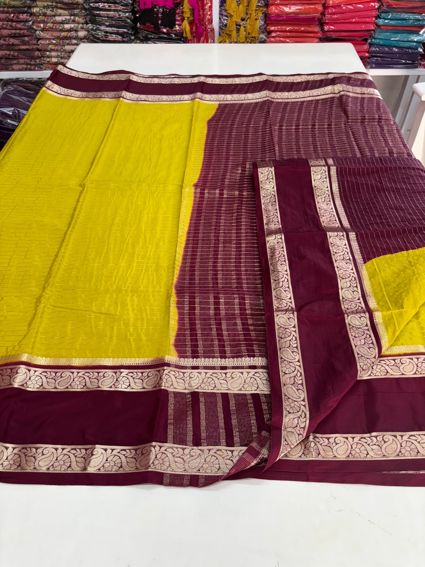Semi Mysore Crepe (Premium, Horizontal Lines with Mango Bentex Border)