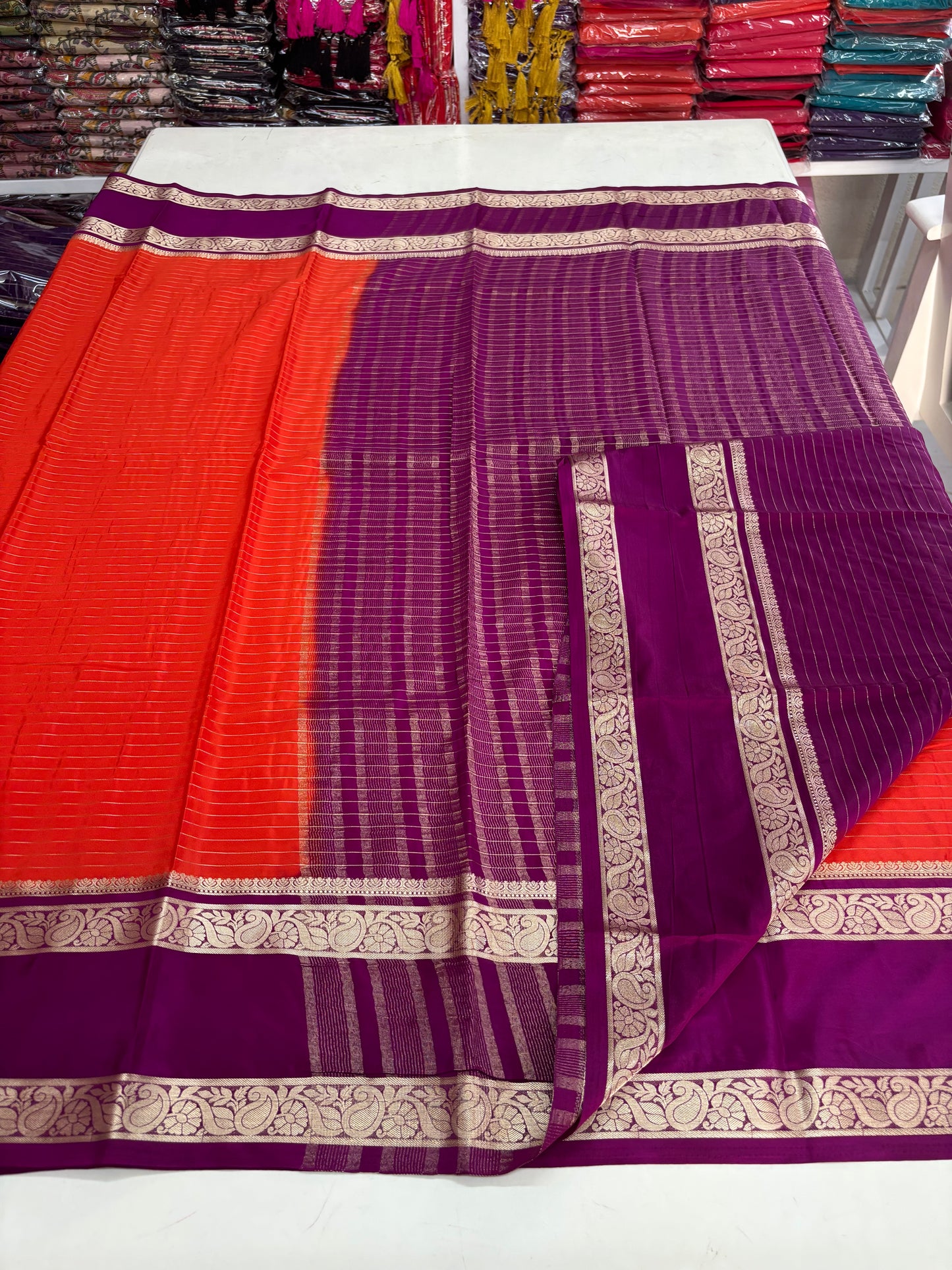 Semi Mysore Crepe (Premium, Horizontal Lines with Mango Bentex Border)