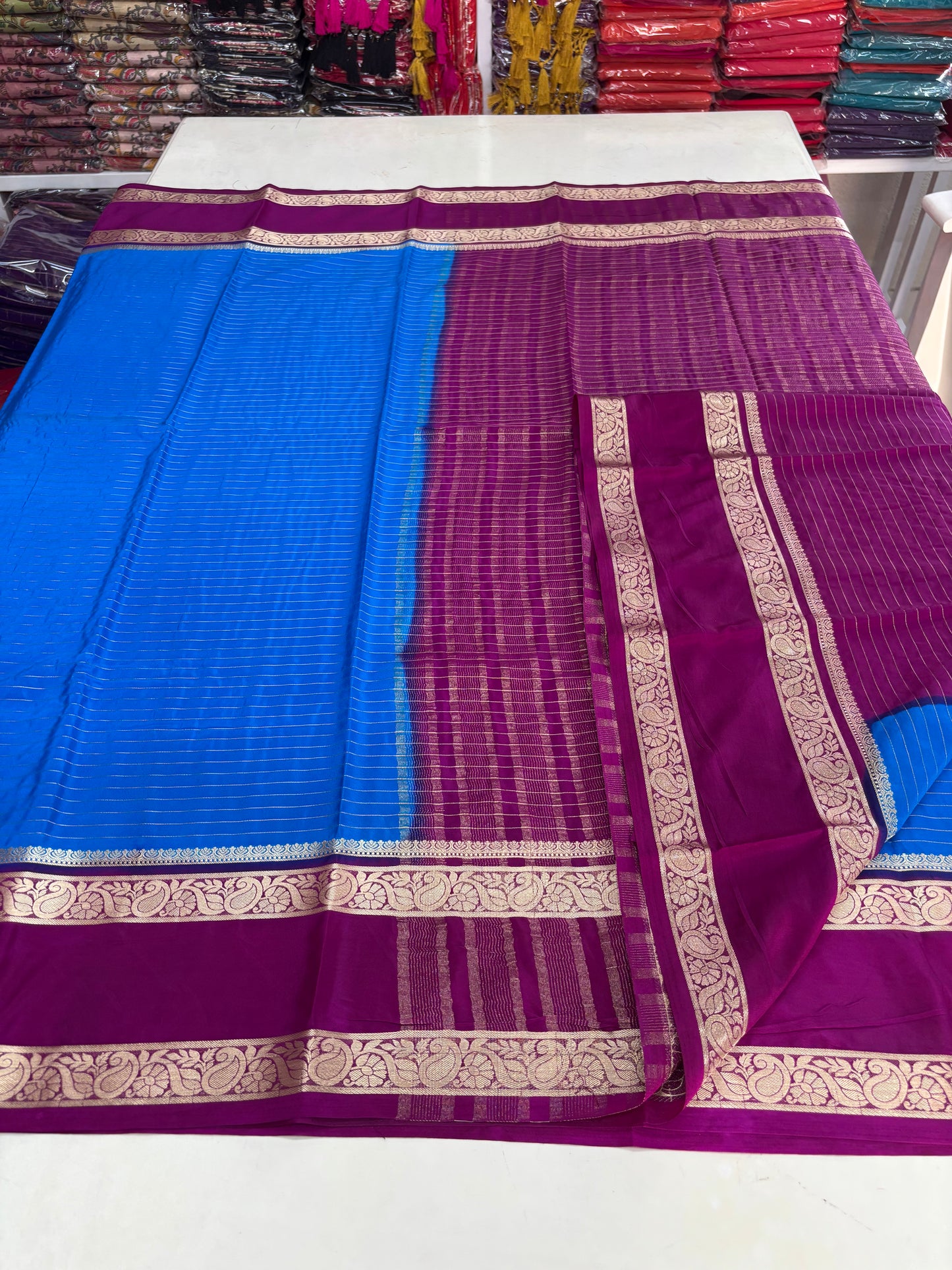 Semi Mysore Crepe (Premium, Horizontal Lines with Mango Bentex Border)