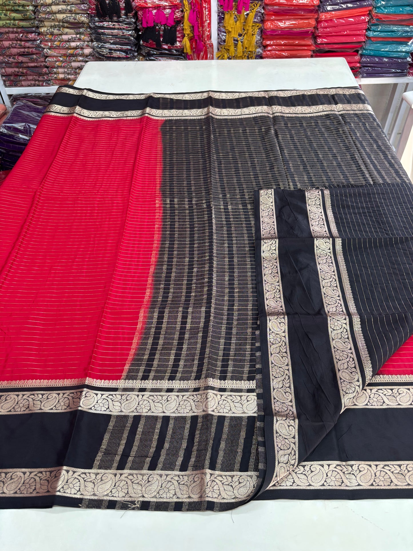 Semi Mysore Crepe (Premium, Horizontal Lines with Mango Bentex Border)