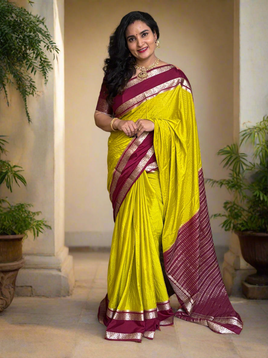 Semi Mysore Crepe (Premium, Horizontal Lines with Mango Bentex Border)