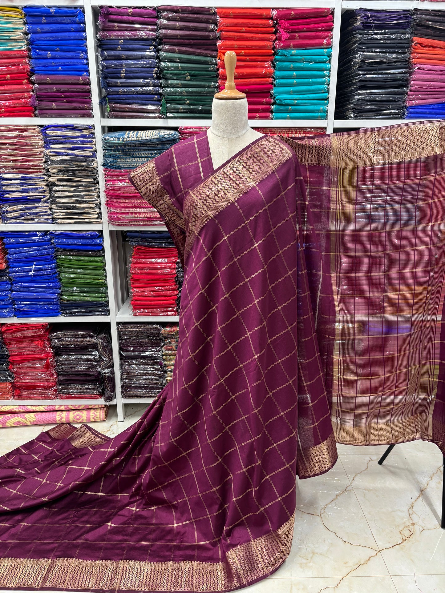 Semi Mysore Crepe (Checks Fish Scale Border)