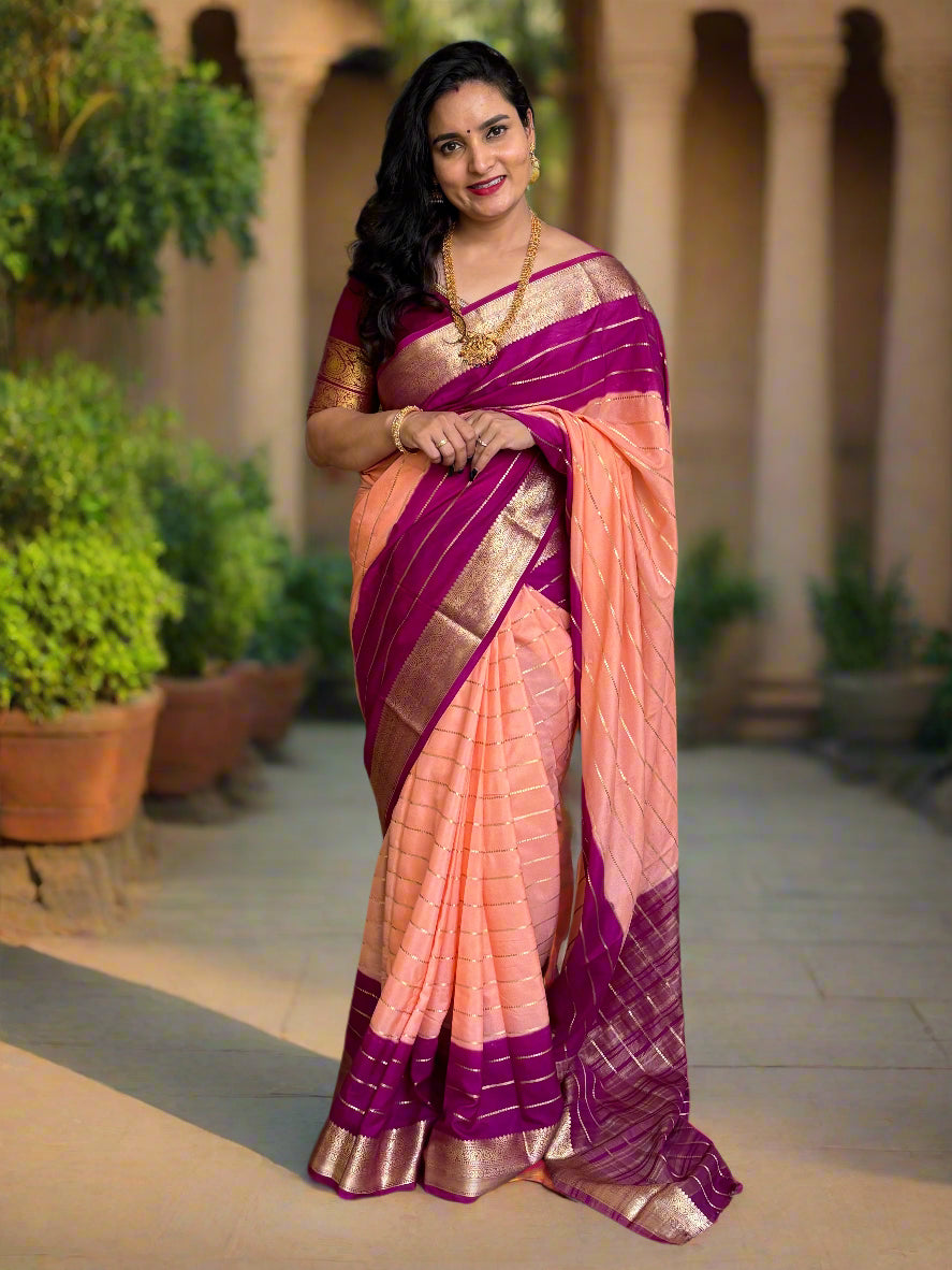 Semi Mysore Crepe (2D Dyeing, Gold horizontal lines and Rich border)