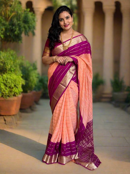 Semi Mysore Crepe (2D Dyeing, Gold horizontal lines and Rich border)