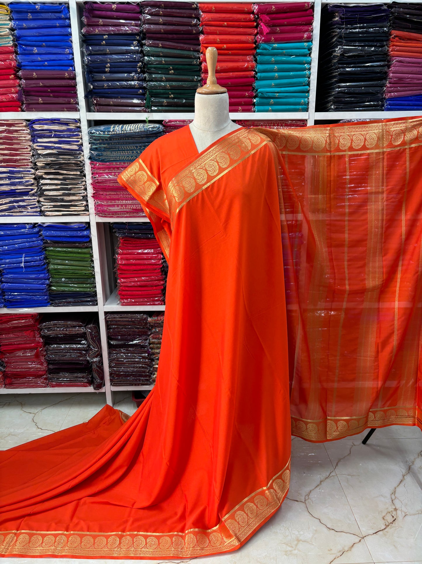 Semi Mysore Crepe (Self, Rich Mango Border)