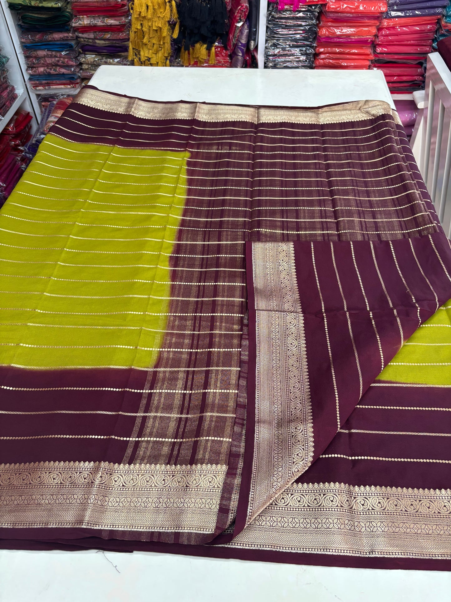 Semi Mysore Crepe (2D Dyeing, Gold horizontal lines and Rich border)