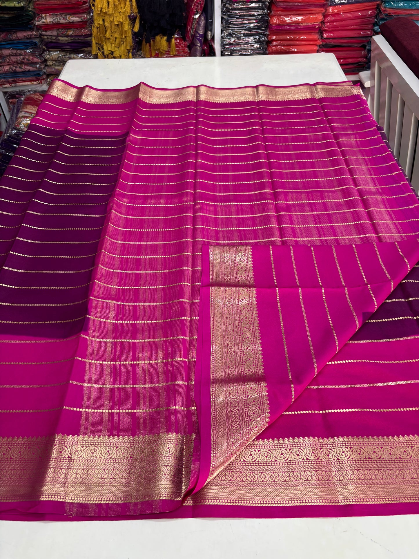 Semi Mysore Crepe (2D Dyeing, Gold horizontal lines and Rich border)