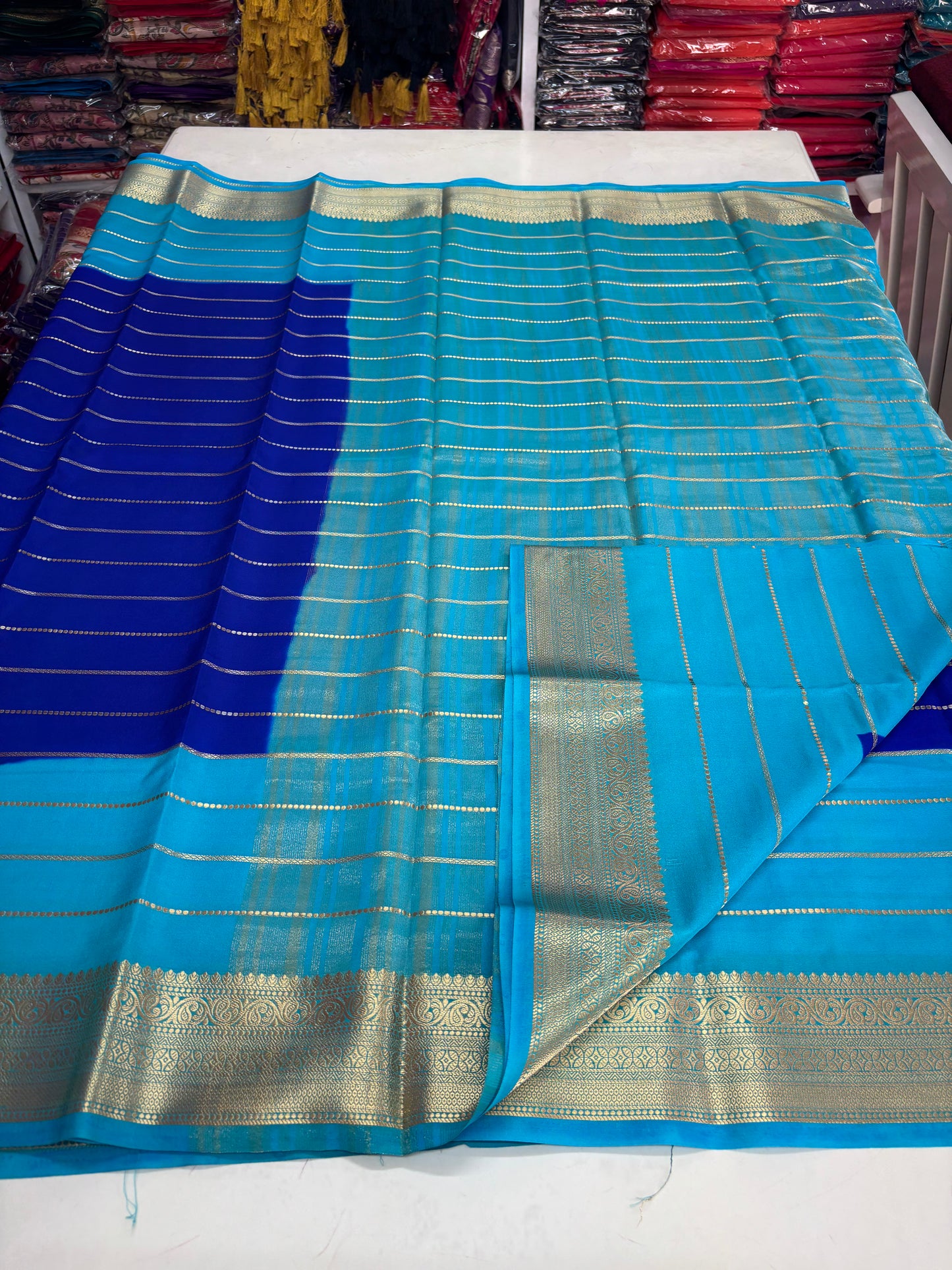 Semi Mysore Crepe (2D Dyeing, Gold horizontal lines and Rich border)