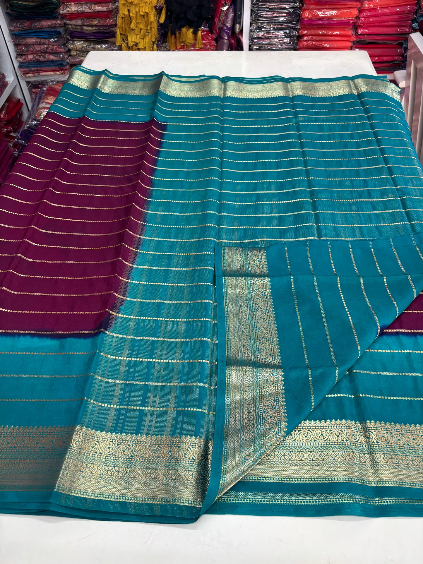 Semi Mysore Crepe (2D Dyeing, Gold horizontal lines and Rich border)