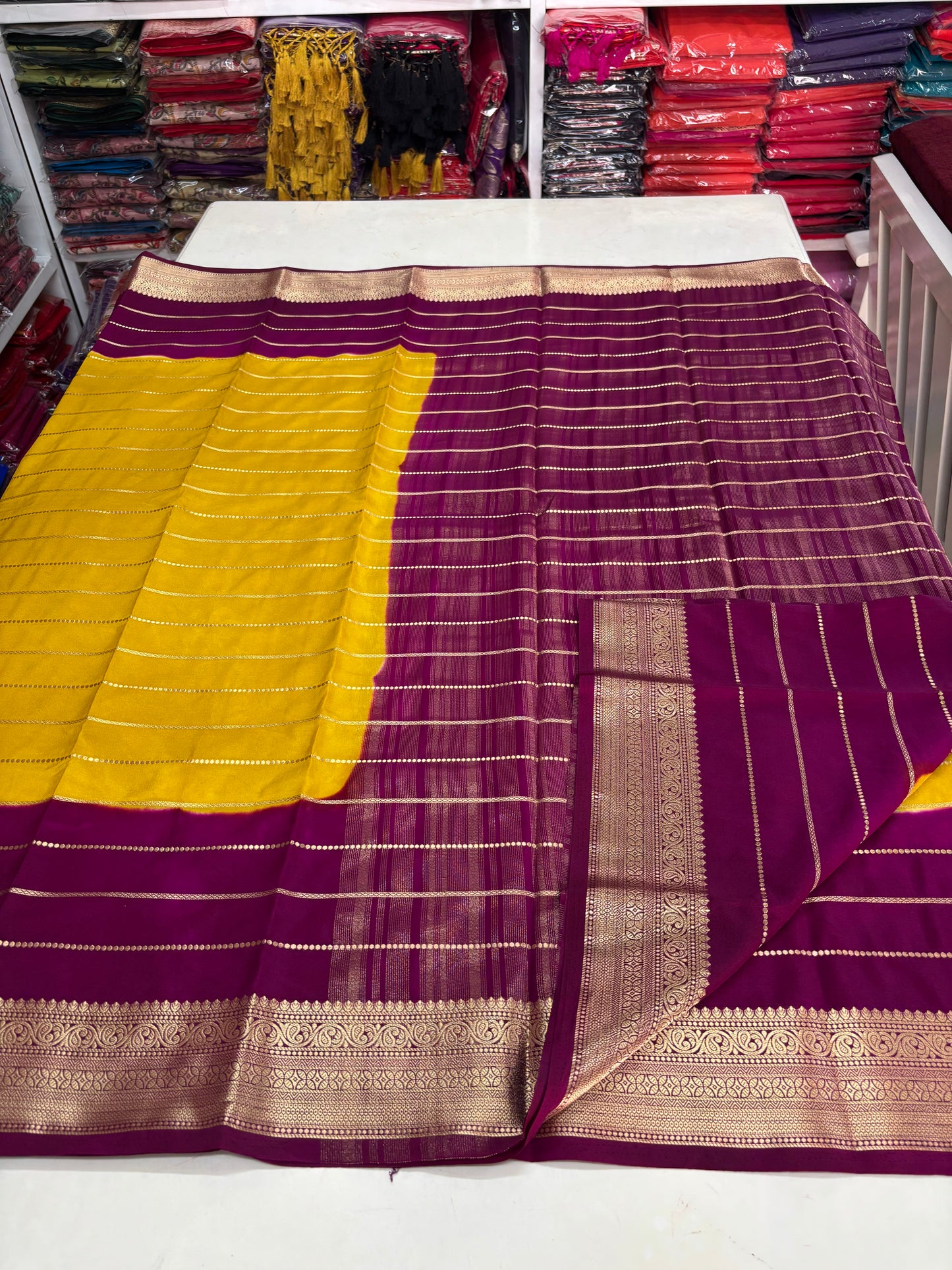 Semi Mysore Crepe (2D Dyeing, Gold horizontal lines and Rich border)