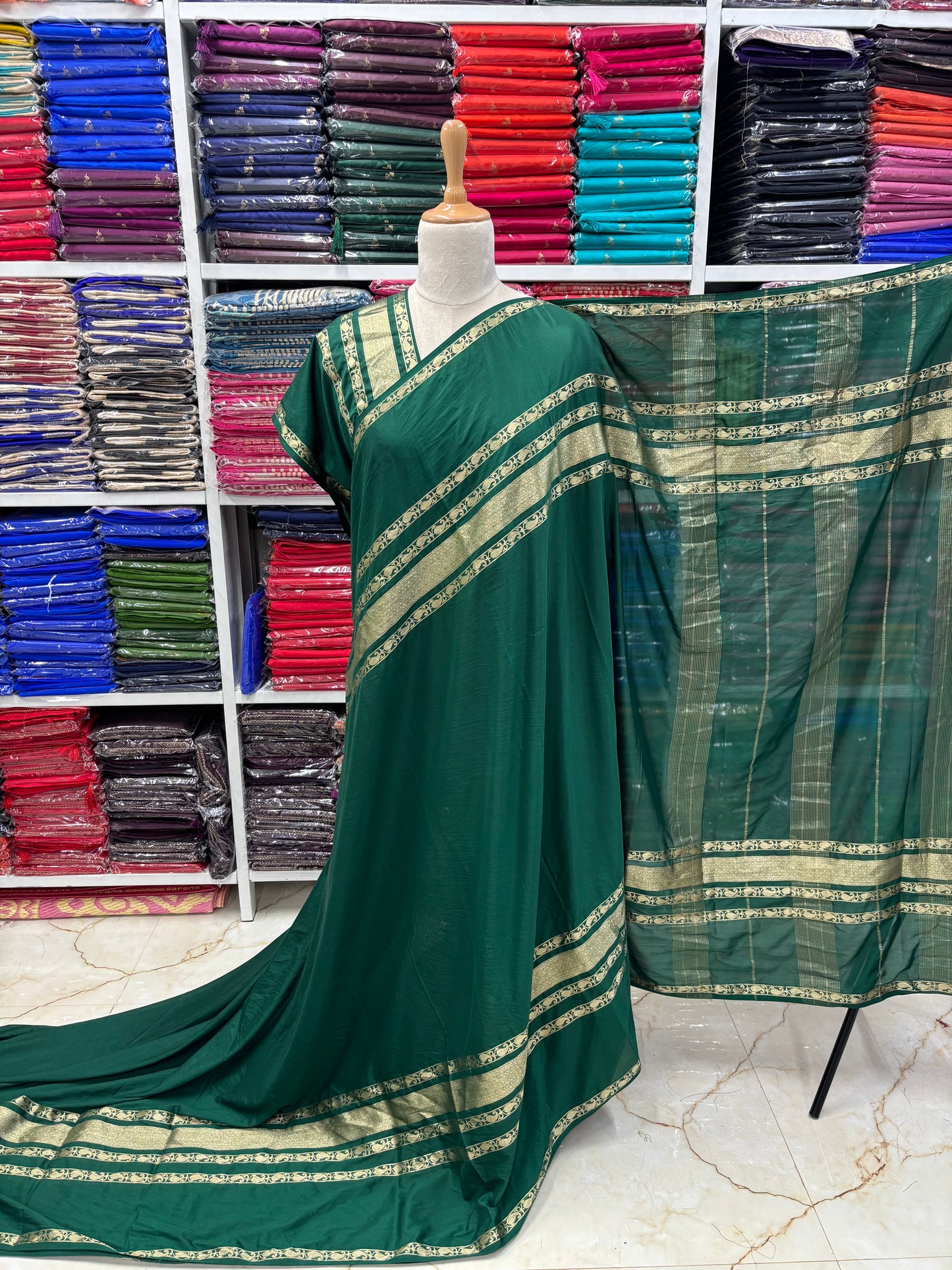 Semi Mysore Crepe (Mango Design 4 Lines Border)