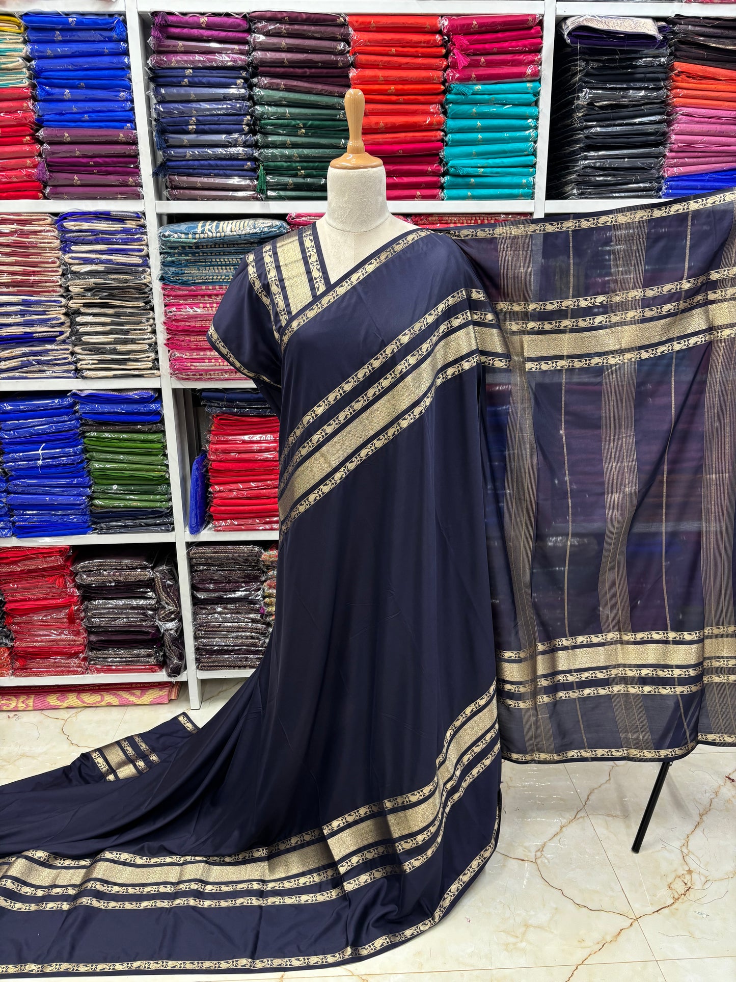 Semi Mysore Crepe (Mango Design 4 Lines Border)