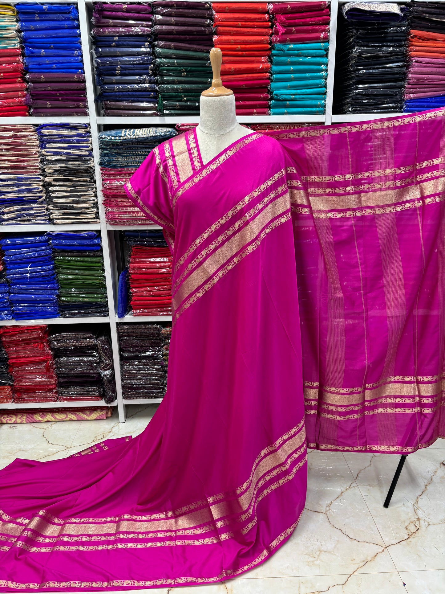 Semi Mysore Crepe (Mango Design 4 Lines Border)